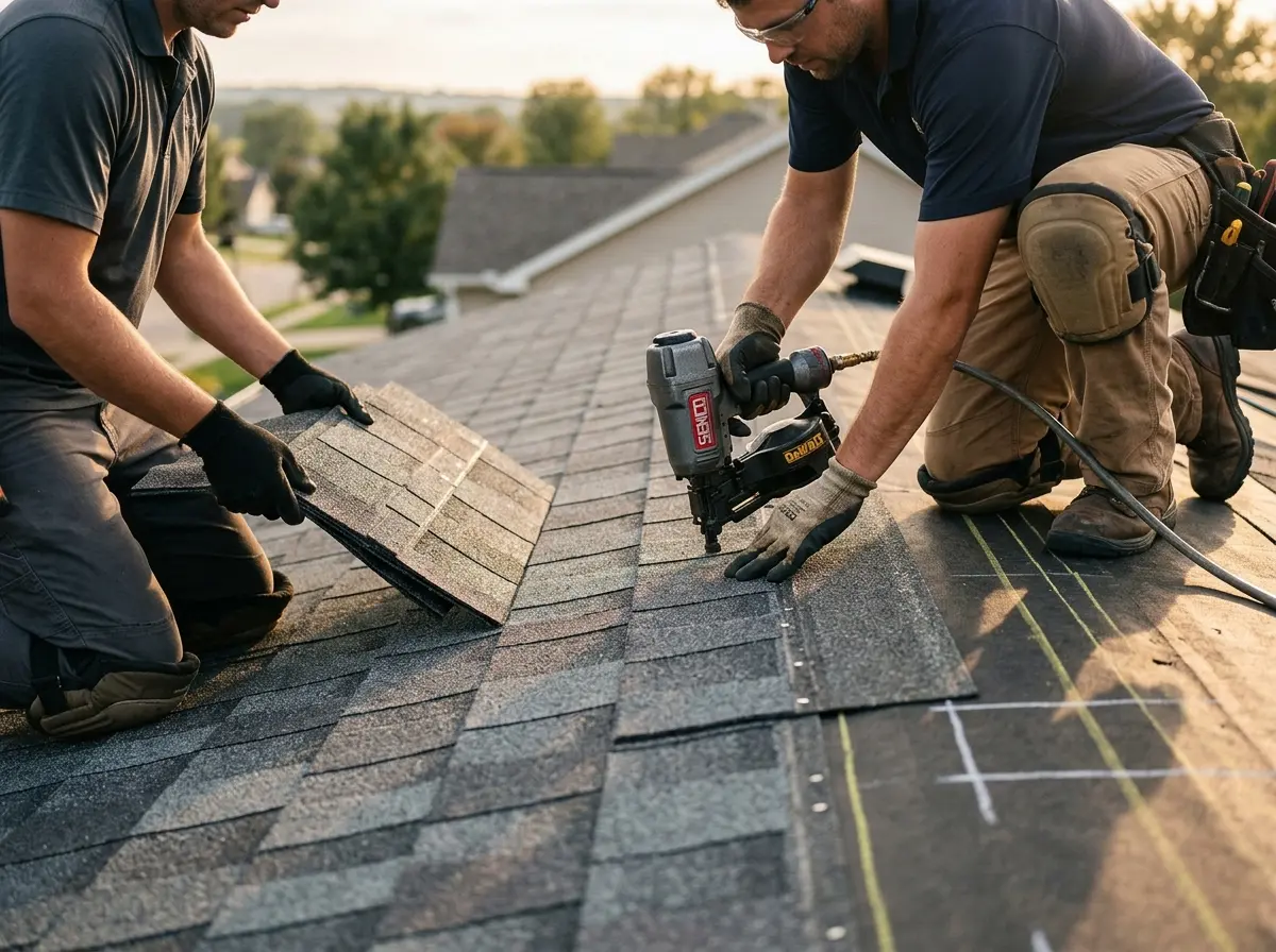 Professional roofer working on a residential roof in Parkville